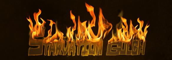 Starvation Gulch graphic with text on fire