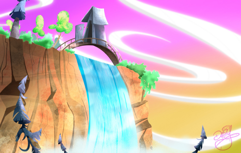 A small outhouse sits atop an arched bridge over a waterfall, backdropped by a pink and yellow sky