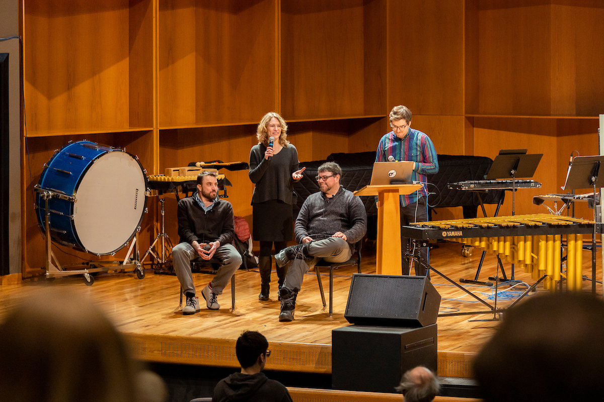 UAF Percussion Group Workshop and lecture by Emmy Award winning composer and ecoacoustician Matthew Burtner (seated right), held in the Davis Concert Hall, 3/2/23. (UAF photo by Leif Van Cise)