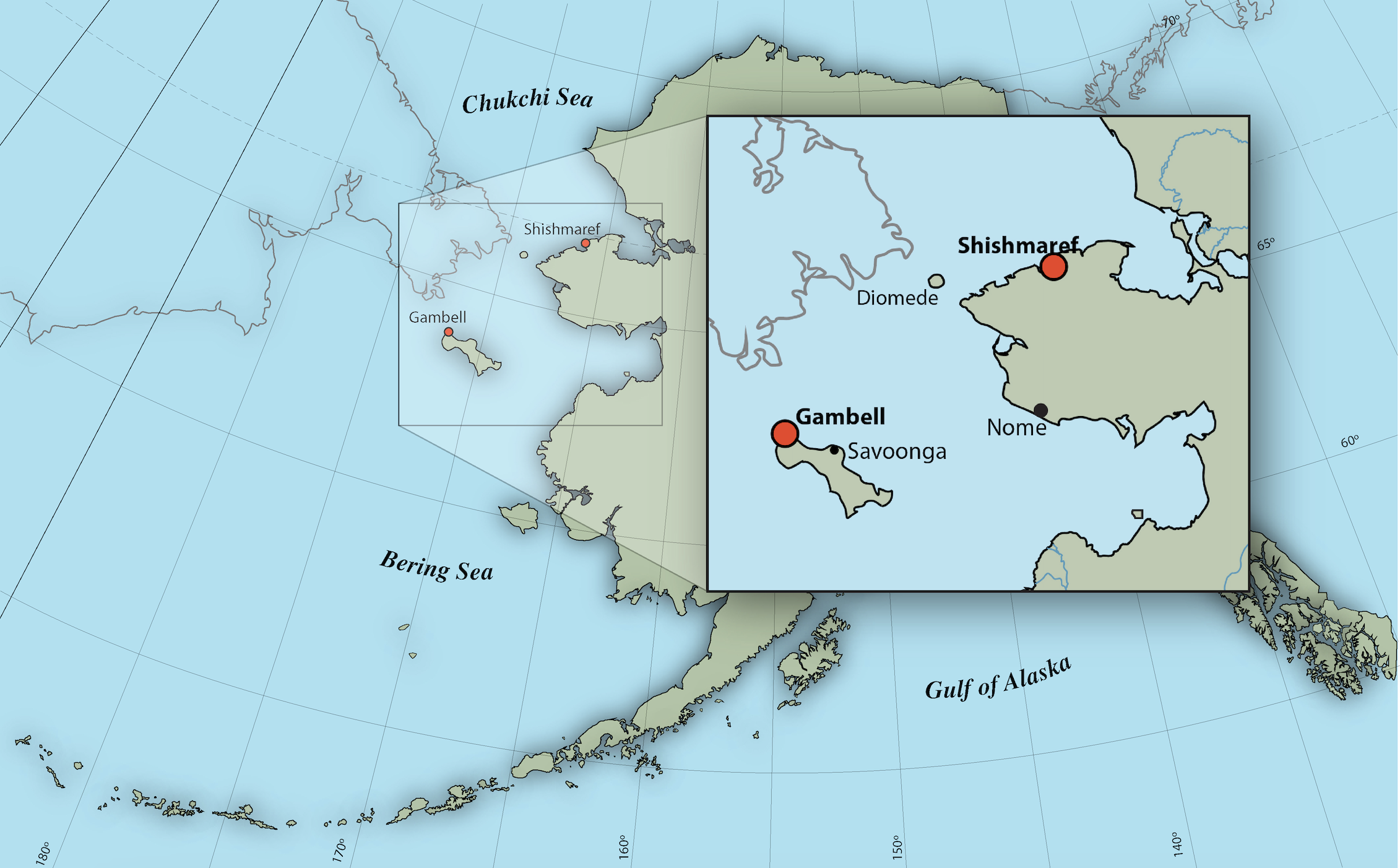 A map shows the communities of Gambell and Shishmaref in Alaska.