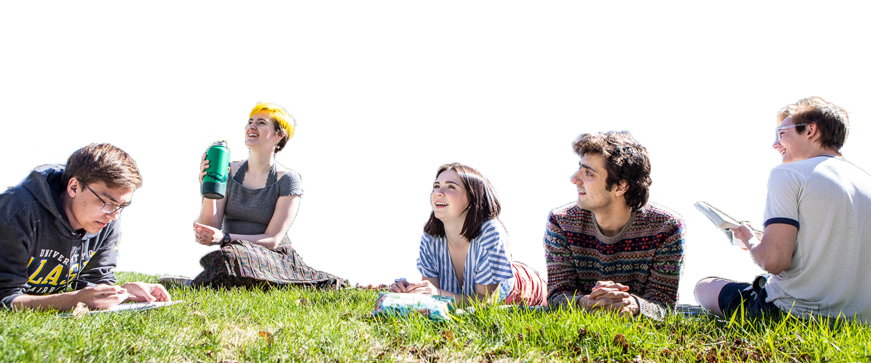 cutout image of students hanging out in a field of grass